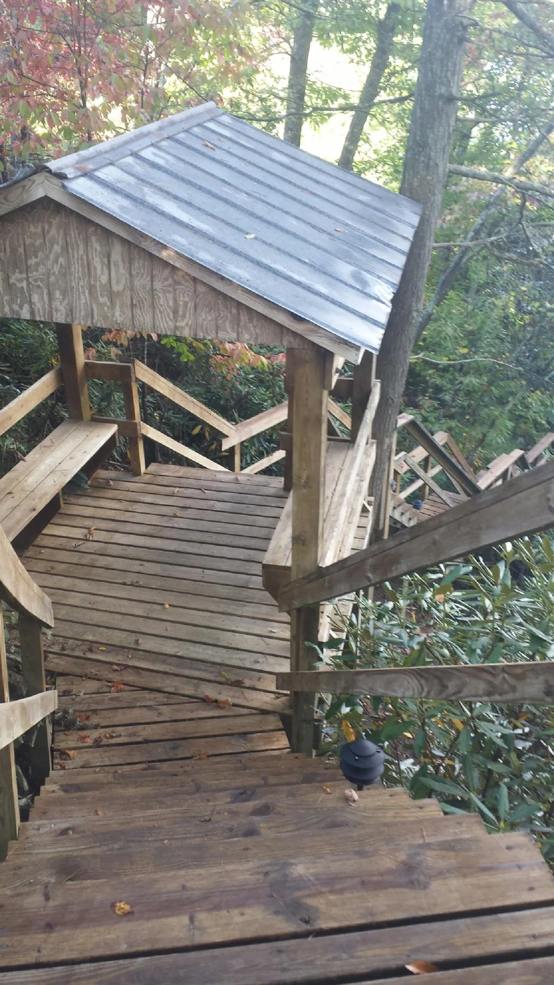 Metal roofed shelter over wooden steps on a wooded walkway — Skylight Repair & Installation work by our crew in East Saint Louis